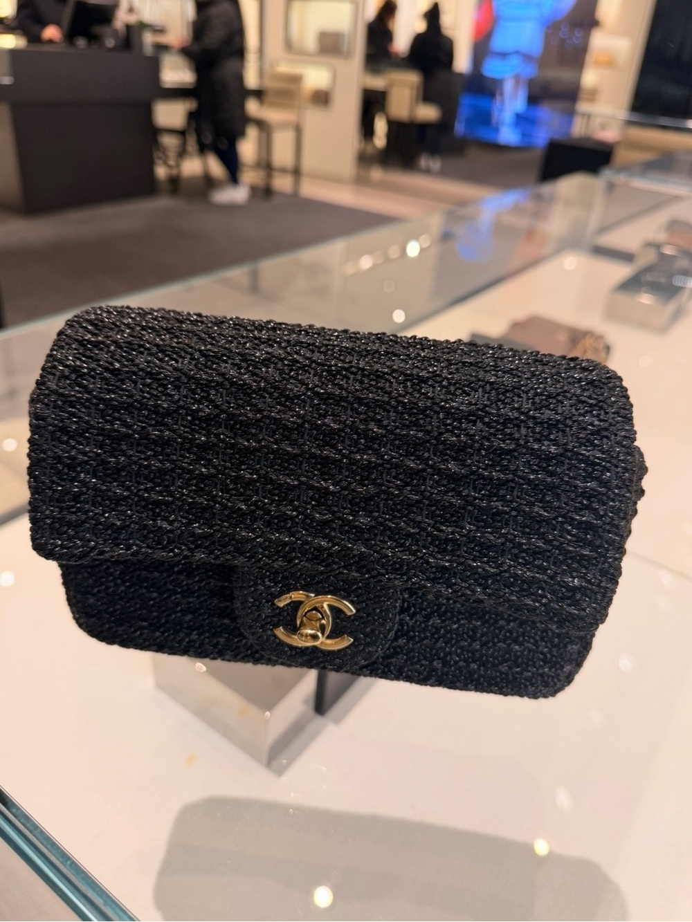 CHANEL Black Raffia Woven Flap Bag with Gold CC